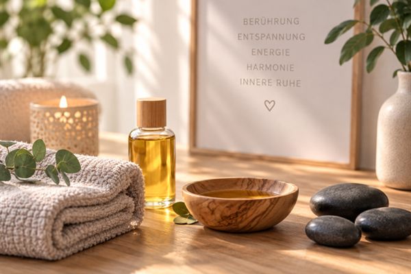 Ätherisches Öl, warme Kerze und heiße Steine auf einem Holztisch – Symbolbild für Entspannung & energetische Balance