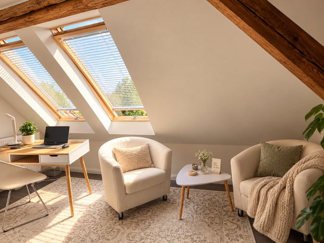 Praxisraum im Seminarhaus Duvenstedt mit Sitzecke unter dem Dachfenster