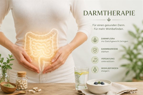 Frau hält Hände formend vor den Bauch, daneben Illustration des Verdauungssystems – Symbolbild für Darmtherapie