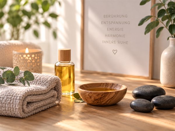 Ätherisches Öl, warme Kerze und heiße Steine auf einem Holztisch – Symbolbild für Energetische Massage