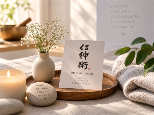 Ruhig gedeckter Tisch mit Kerze, Blüten und Steinen, Schriftzeichen für Jin Shin Jyutsu – Symbolbild für Jin Shin Jyutsu